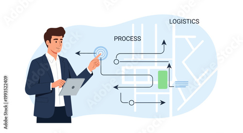 Businessman Interacting with Logistics and Process Flowchart on Digital Screen