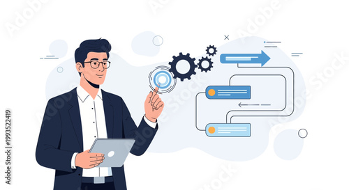 Businessman interacting with flowchart and gears, symbolizing strategy and workflow optimization
