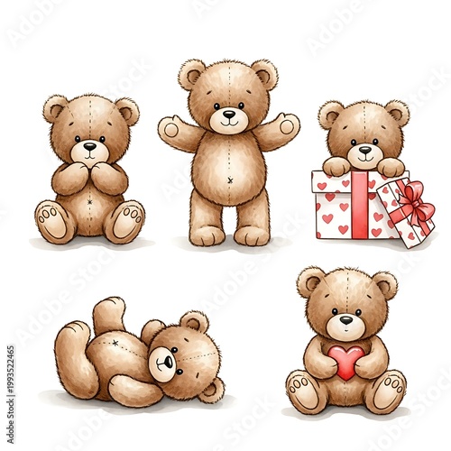 Collection of five adorable brown stuffed bear illustrations in various playful poses