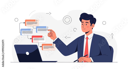 Businessman interacting with digital workflow on laptop, project management concept