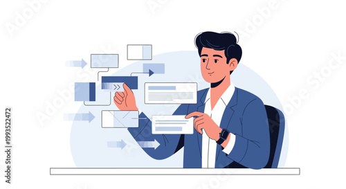 Businessman Interacting with Digital Workflow and Data Flow