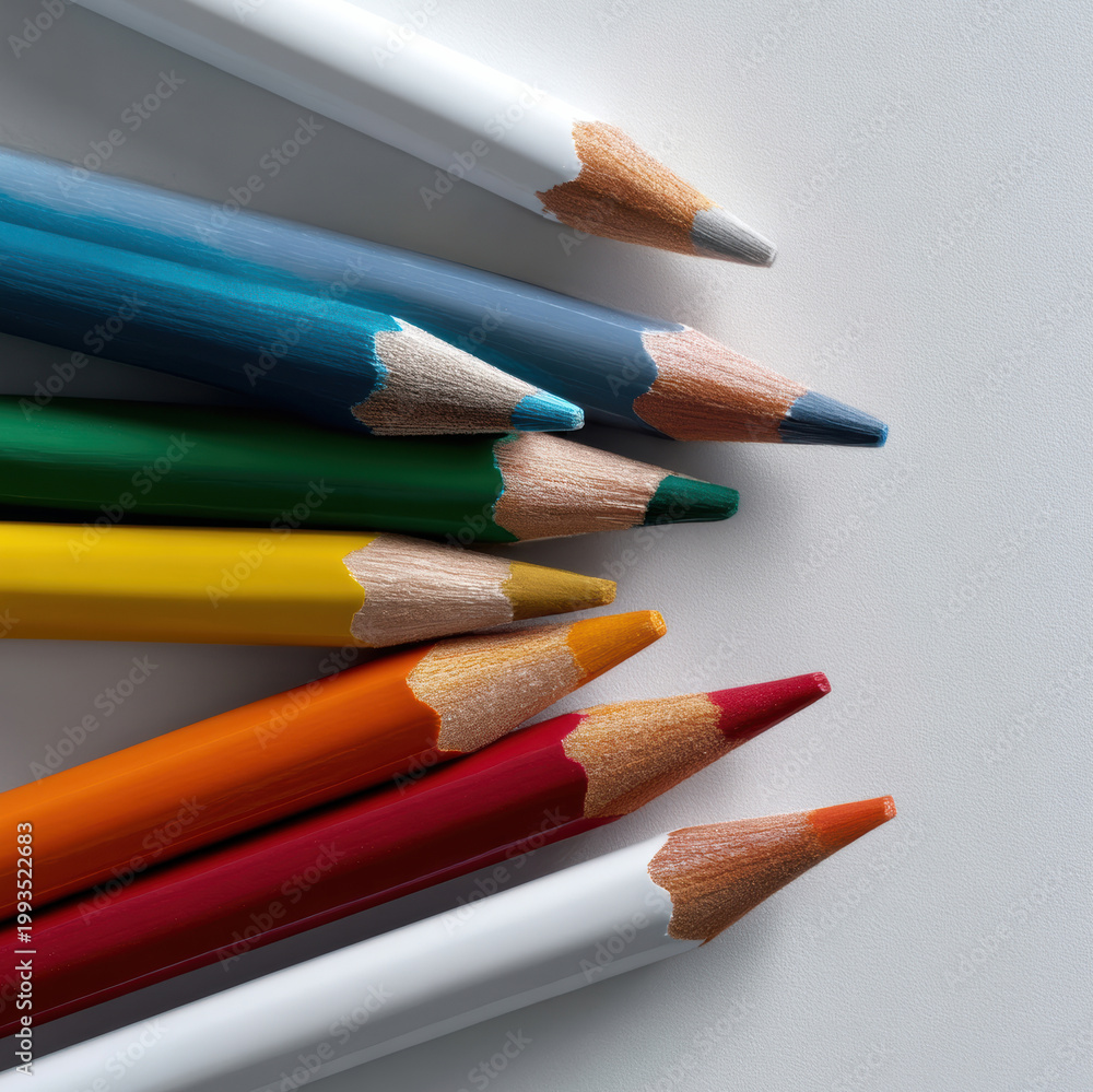 Fototapeta premium Colored pencils white background art supply drawing creativity vibrant sharp arrangement education stationery