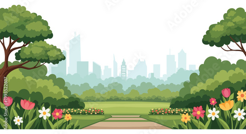 A vibrant park landscape with a distant city skyline framed by lush trees showcasing a captivating silhouette high quality professional detailed