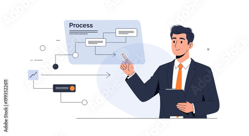 Businessman interacting with a digital process flowchart on a futuristic interface