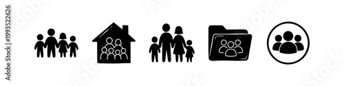 Set of minimalist black and white icons depicting family units, families at home, and community group symbols. Perfect for representing household, social connection, and team concepts.