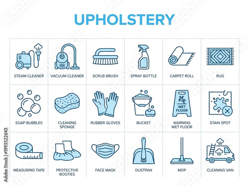 Professional upholstery and carpet cleaning line icon set featuring specialized steam cleaners, sanitation equipment, and textile maintenance tools