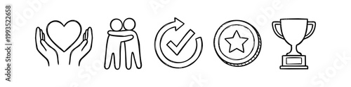 Set of hand-drawn doodle icons representing core values like care, partnership, success, reward, and achievement. Vector line art symbols for business culture and teamwork.