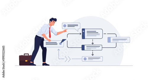 Businessman building a business process flowchart, workflow management, strategy
