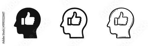 Positive Thinking and Mental Health Icon Set with Thumbs Up in Human Head Silhouette