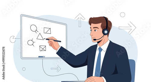 Businessman drawing strategy on whiteboard, business planning, online meeting, teamwork concept