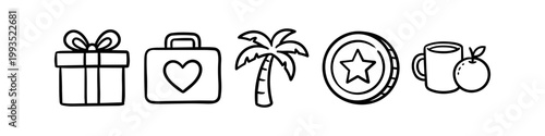 Set of hand-drawn minimalist icons featuring a gift box, heart briefcase, palm tree, star coin, and healthy snacks. Perfect for wellness, travel, and reward concepts. Sketch style banner.