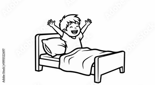 Cartoon child happily stretching awake in bed with a pillow and blanket