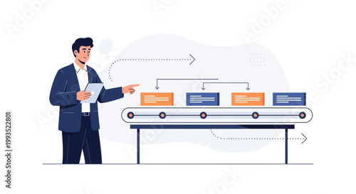 Businessman analyzing production process on conveyor belt with workflow diagram