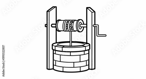 Simple line drawing of a brick water well with a crank mechanism