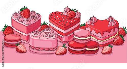 An assortment of vividly colored pink and red strawberry themed cakes pastries and fruit a delightful silhouette high quality professional detailed modern