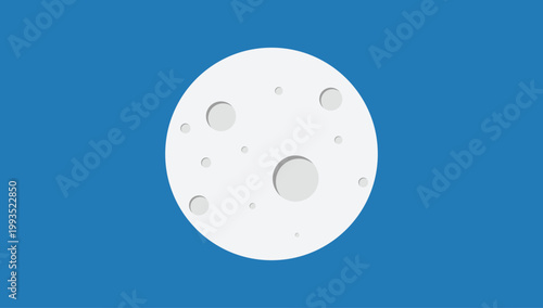 Full Moon with Craters on Blue Night Sky Background in Minimalist Flat Vector Illustration