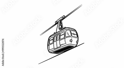 Black and white line art of a cable car moving on a wire