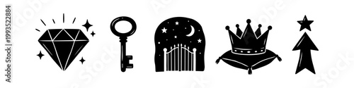 Set of five magical and royal-themed black silhouette icons including a diamond, antique key, celestial gate, crown on a pillow, and a star arrow, isolated on a white background.