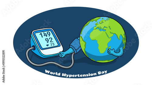 Health education illustration of an earth that is testing high blood pressure using a high blood pressure health test device. World Hypertension Day, May 17.