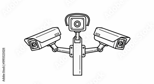 Line art illustration of three surveillance cameras mounted on a pole