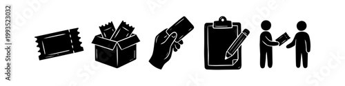 Tableau sur toile Set of black icons for product sampling and distribution featuring a sachet, box of packets, hand-to-hand delivery, and clipboard for surveys, isolated on a white background