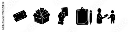 Set of black silhouette icons for event ticketing and registration, featuring tickets, a collection box, hand-held passes, check-in clipboards, and staff interaction elements on white.