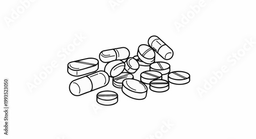 Pile of assorted medication capsules and tablets, rendered in a simple black and white line drawing style