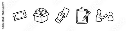 Set of minimalist hand-drawn icons for ticketing and event management, featuring a ticket, box of tickets, hand holding a pass, clipboard with pencil, and ticket exchange between people.