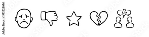 Set of hand-drawn vector icons representing negative emotions, feedback, and conflict: sad face, thumbs down, star, broken heart, and arguing people. Simple black line art on white background.