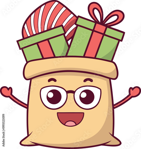 Happy Christmas gift sack overflowing with colorful festive presents and candy