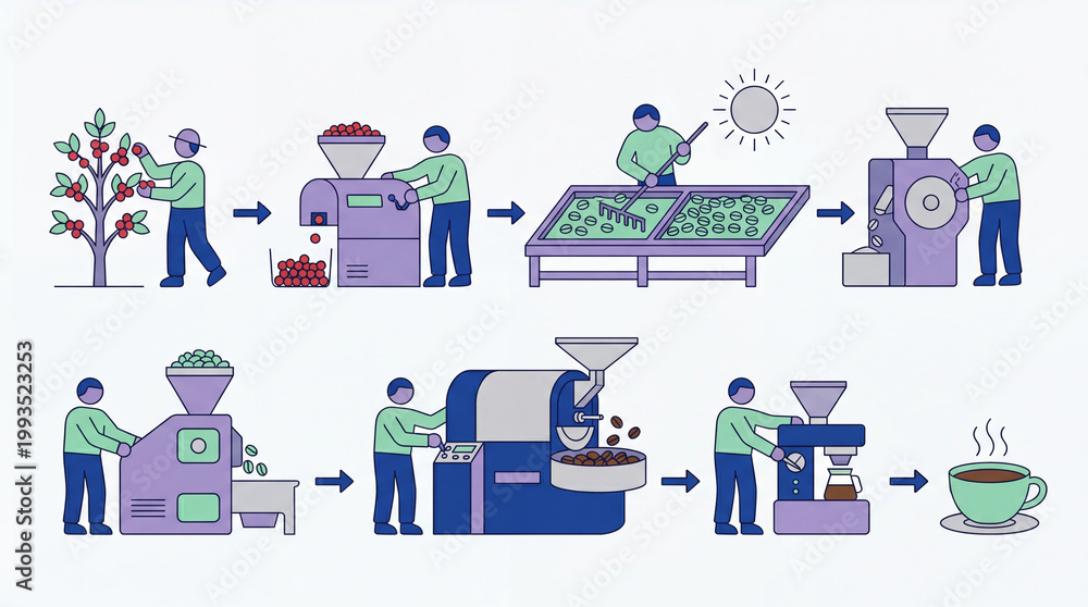 Fototapeta premium Coffee production process from tree to cup harvesting
