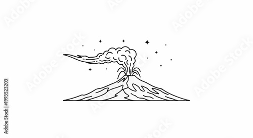 Line art of a volcano erupting smoke and ash under a starry sky
