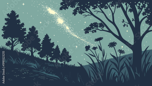 Summer Night Sky Milky Way with Fireflies and Meadow Vector