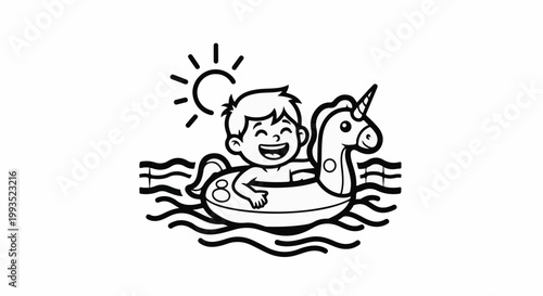 Joyful child floats on a unicorn raft under a sunny sky in wavy water