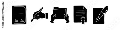 Collection of legal and business icons including hand signing with a fountain pen, a certificate with a seal, and a file folder. Minimalist black silhouettes for professional documentation.
