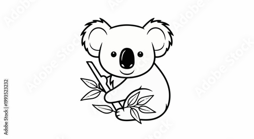 Cartoon koala with fluffy ears clinging to a eucalyptus branch