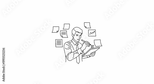 Businessman with stylus interacting with digital tablet, surrounded by notes