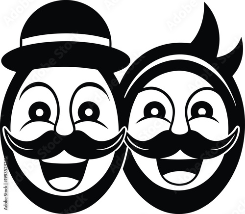 Happy Moustache Men Faces with Bowler Hat and Unique Hairstyle Character Design