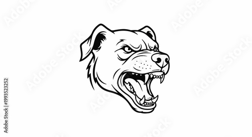 Fierce dog head with bared teeth, aggressive expression, black and white