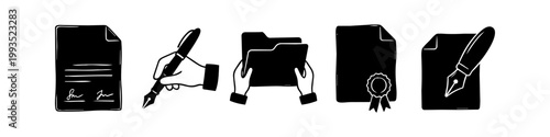 Set of hand-drawn black and white legal and business icons including signed contracts, a hand with a fountain pen, folders, and certified documents with seals. Doodle style illustrations.