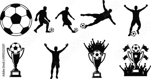 Soccer Football Icon Set Featuring Player Silhouettes, Ball, Goal Celebration, and Trophy Symbols for Sports, Tournament, Championship, and Game Design Projects