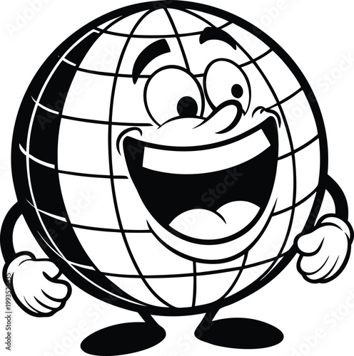 Hilarious cartoon world globe with grid lines enthusiastically laughing and showing happiness