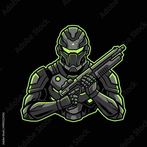 Futuristic armored soldier with glowing visor and shotgun.