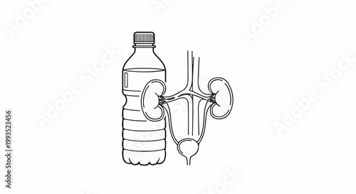 Anatomical illustration of kidneys and bladder next to a water bottle