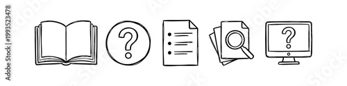 Set of five hand-drawn doodle icons representing education, support, and research: open book, question mark, document list, magnifying glass on paper, and computer help screen.