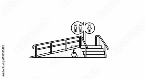 Accessible entrance with ramp, stairs, and restroom signs