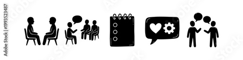 A set of minimalist black and white icons representing mental health therapy, counseling sessions, communication, and emotional support, featuring silhouettes, a notebook, and speech bubbles.
