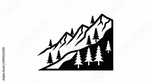 Stylized black and white illustration of pine trees on mountain slopes
