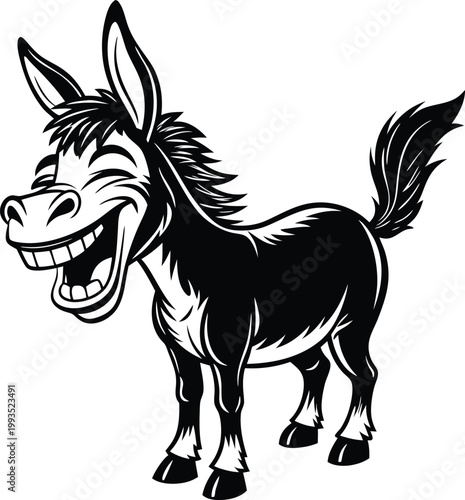 Humorous cartoon donkey character with a wide open mouth and joyful laugh