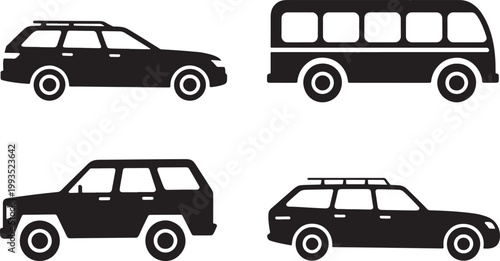 Black Silhouettes of Different Vehicles Station Wagon SUV Bus